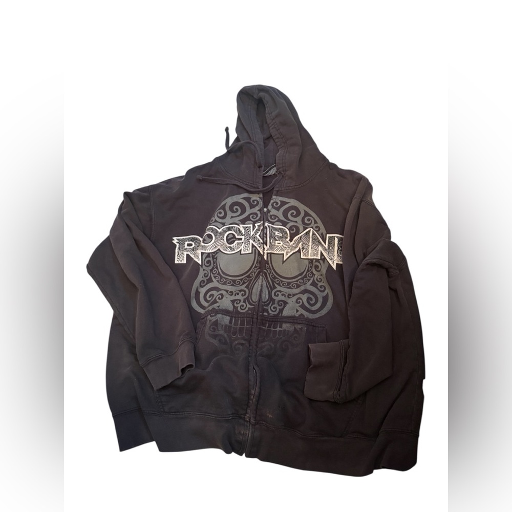 2008 rock band xl  Black Zip-Up Hoodie with Skull Graphic